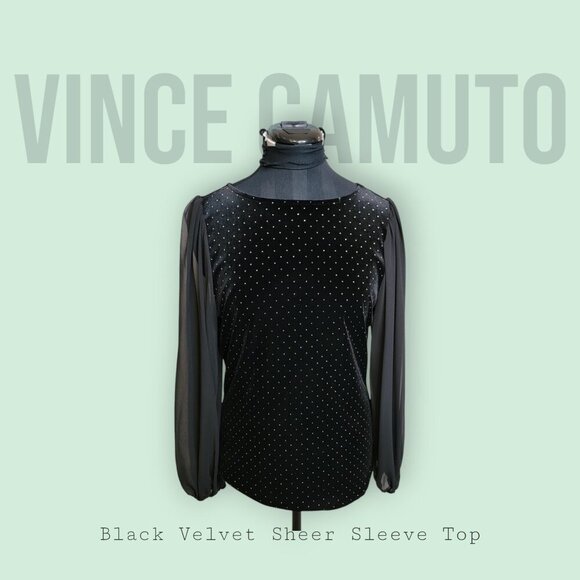 Vince Camuto Black Velvet Sheer Sleeve Top Small | Holiday Party Blouse - Picture 1 of 7